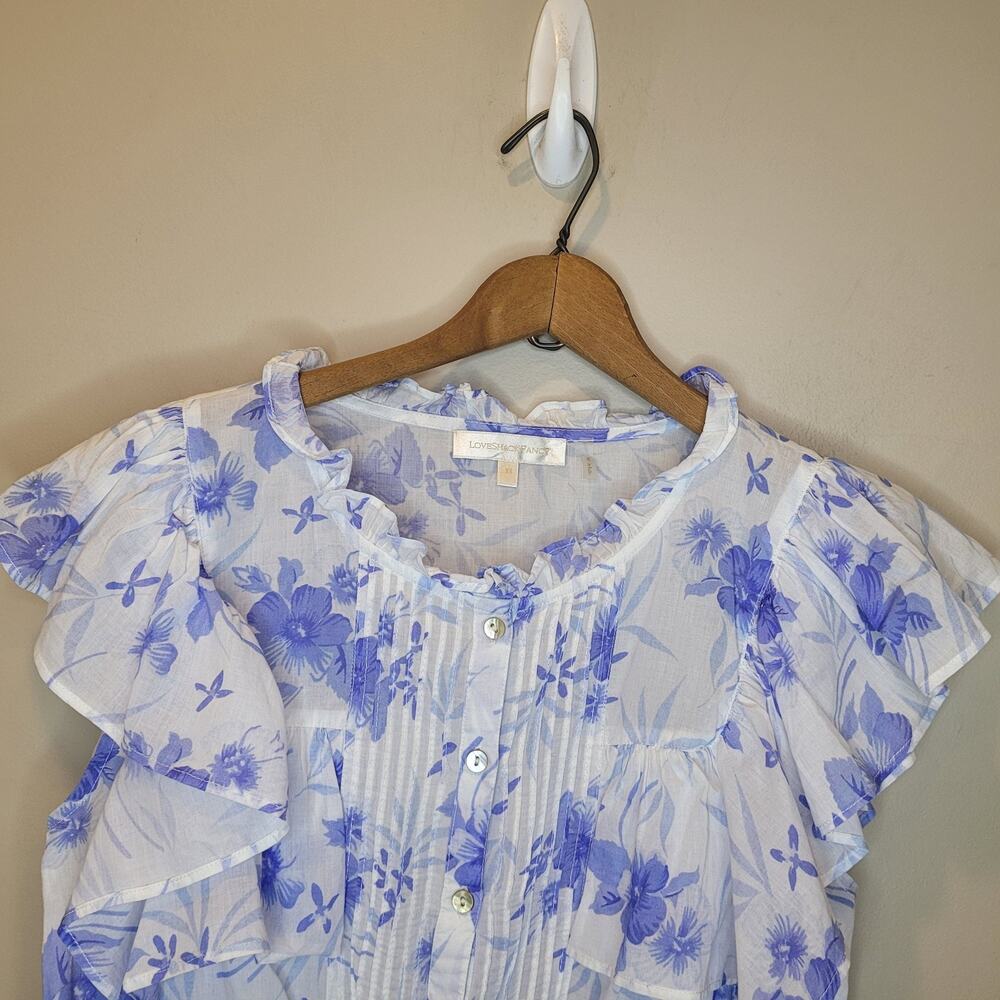 Love Shack Fancy Cotton Floral Blue White ButtonUp Cropped Nora Top XS Boho Chic - Picture 4 of 14